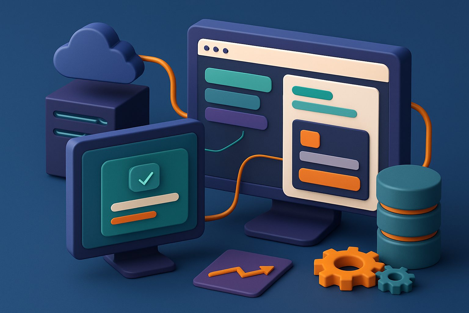 Ein Desktop-Bildschirm zeigt eine Preisseite und den Stripe-Checkout, die visuell mit einem Server und einem Postgres-Datenbankzylinder verbunden sind. Ein zweiter Bildschirm zeigt den Abonnementstatus in einem Kunden-Dashboard